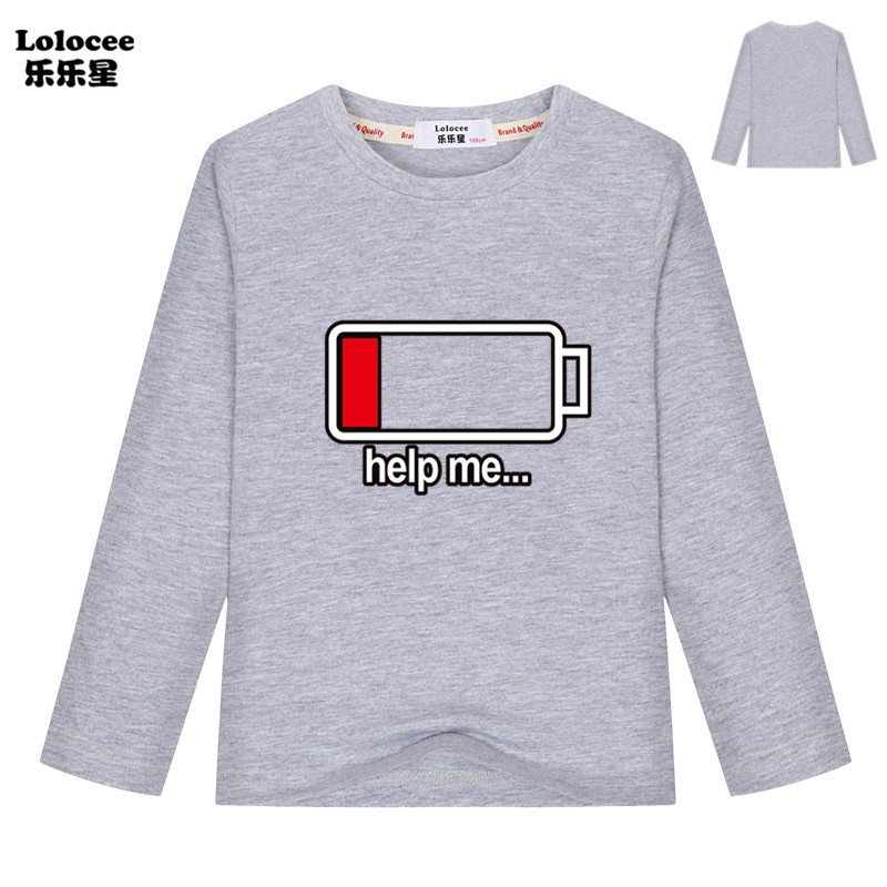 Funny HELP ME Energy Low T Shirts Boys Battery Low Long Sleeve O-neck Tops Basic Tees For Children