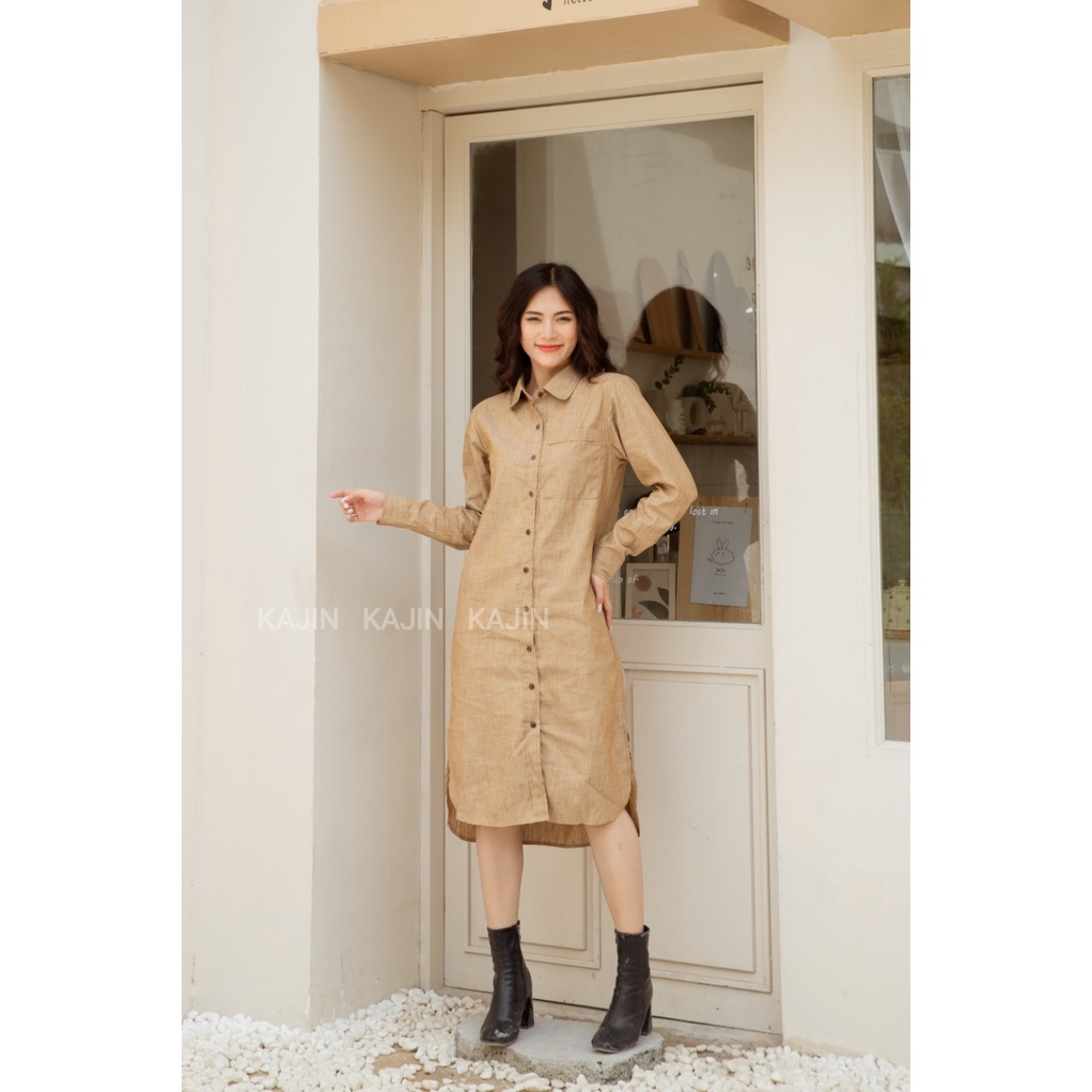 Đầm sơ mi linen tưng, dài tay, xẻ vạt