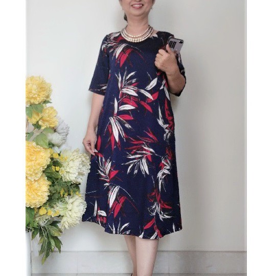 Váy Đầm Trung Niên Form Chữ A - Vải Lụa Đũi Không Co Giãn Mát - Size 50Kg - 85Kg