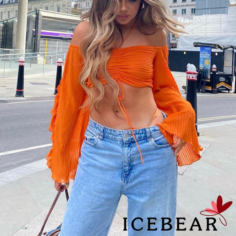 ICE-Women´s Off Shoulder Short Tops Long Sleeve Halter Neck Solid Color Ruched Crop Tops