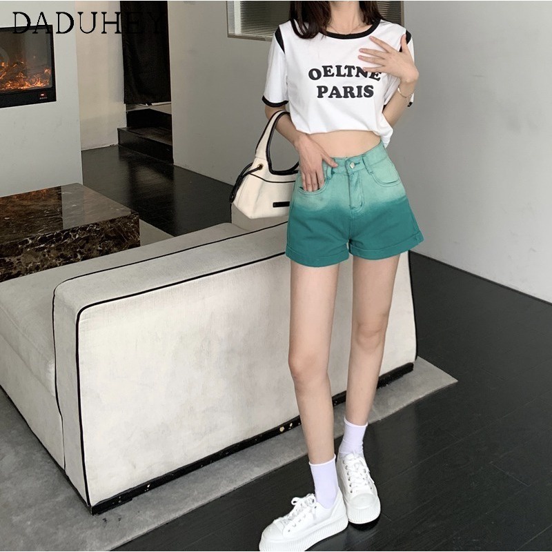 Quần ngắn eo cao dáng chữ A ngoại cỡ màu gradient xanh lá cổ điển thời trang mùa hè 2022