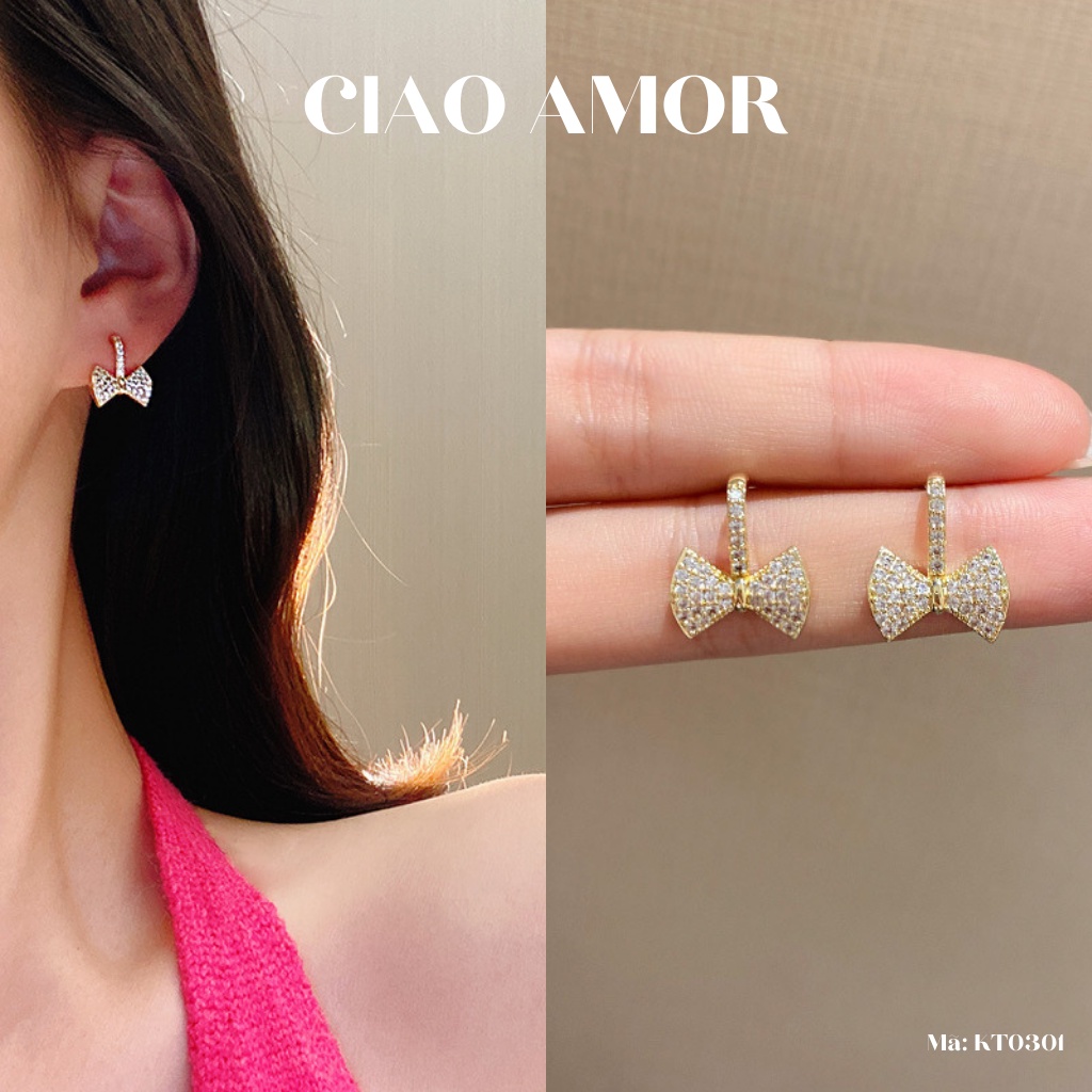 Khuyên tai nữ, Bông tai nữ bạc 925 thanh nơ đính đá dễ thương Trang sức Ciao Amor - KT0301