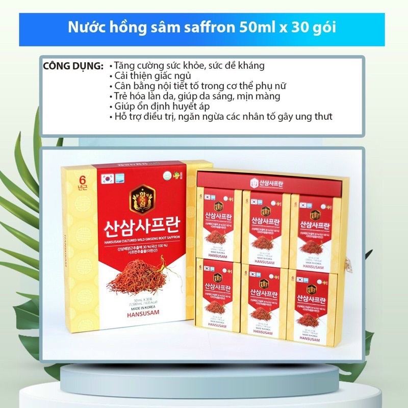 [HÀNG MỚI] Nước Hồng Sâm Nhụy Hoa Nghệ Tây Korean Red Ginseng Saffron HANSUSAM Hàn Quốc, hộp 30 gói x 50ml