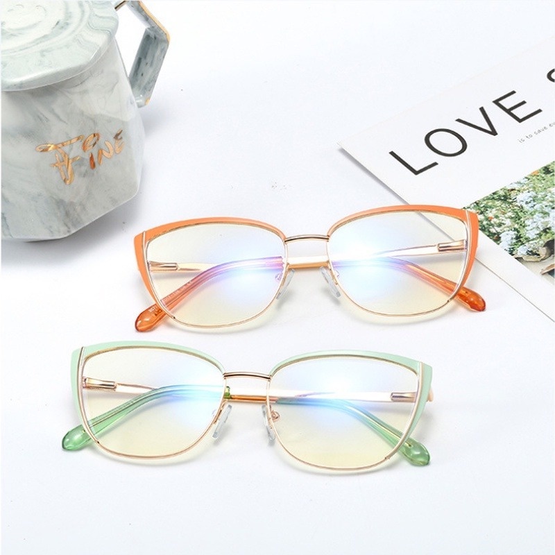 Mắt Kính Gọng Kim Loại Hình Mắt Mèo Chống Ánh Sáng Xanh Thời Trang Retro Phương Tây Cho Nữ