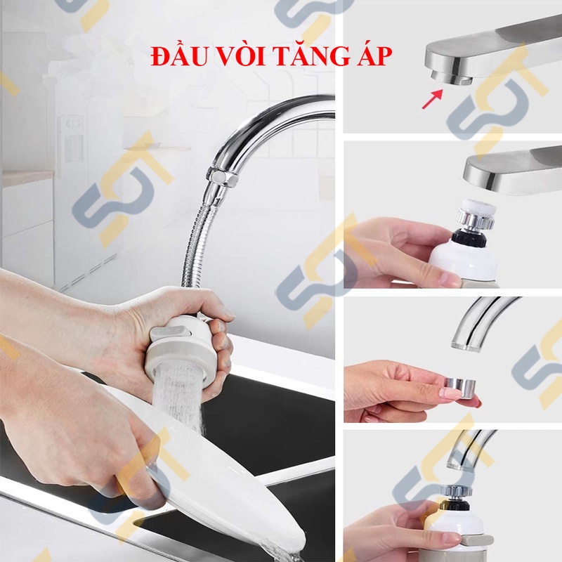 Đầu vòi tăng áp,Đầu vòi tăng áp rửa bát -3 chế độ phun cực mạnh - xoay 360 (ren vặn 22mm)