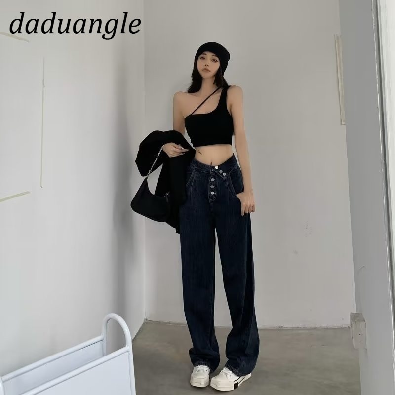 Daduhey Quần jean dài cạp cao ống rộng phối nhiều nút hợp xu hướng phiên bản Hàn Quốc thời trang cho nữ