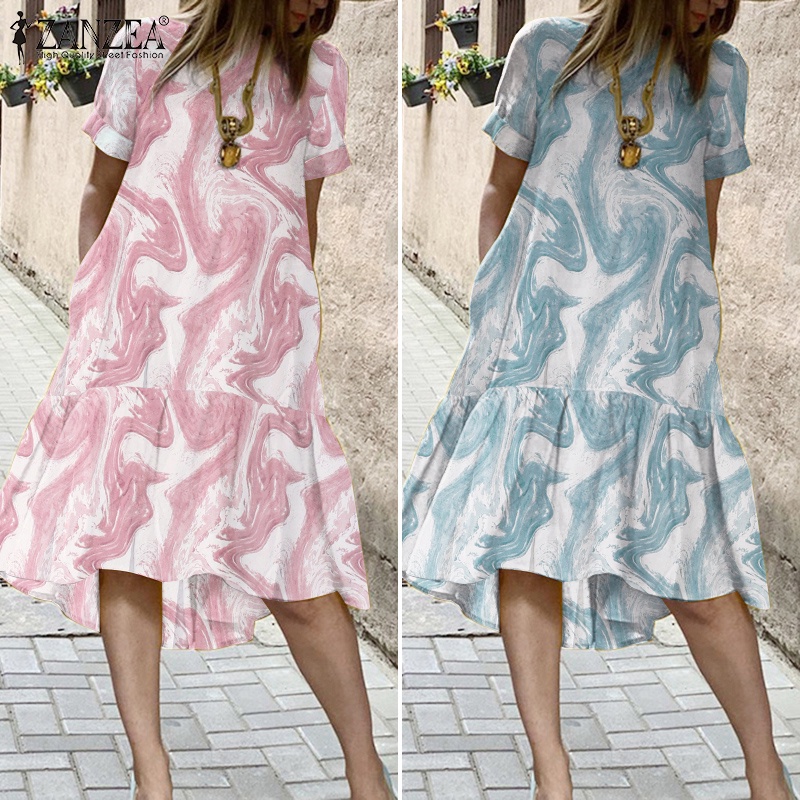 Đầm ZANZEA chữ A tay ngắn cổ tròn thời trang sành điệu dành cho phái nữ