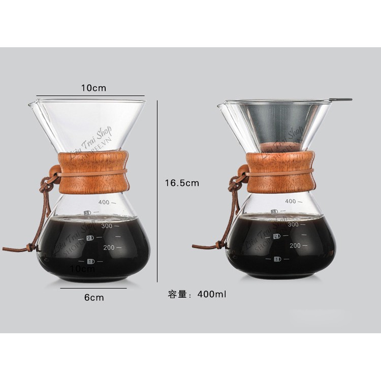 Bình pha cà phê cafe pour over V60 Chemex drip không giấy lọc Inox 304 400ml