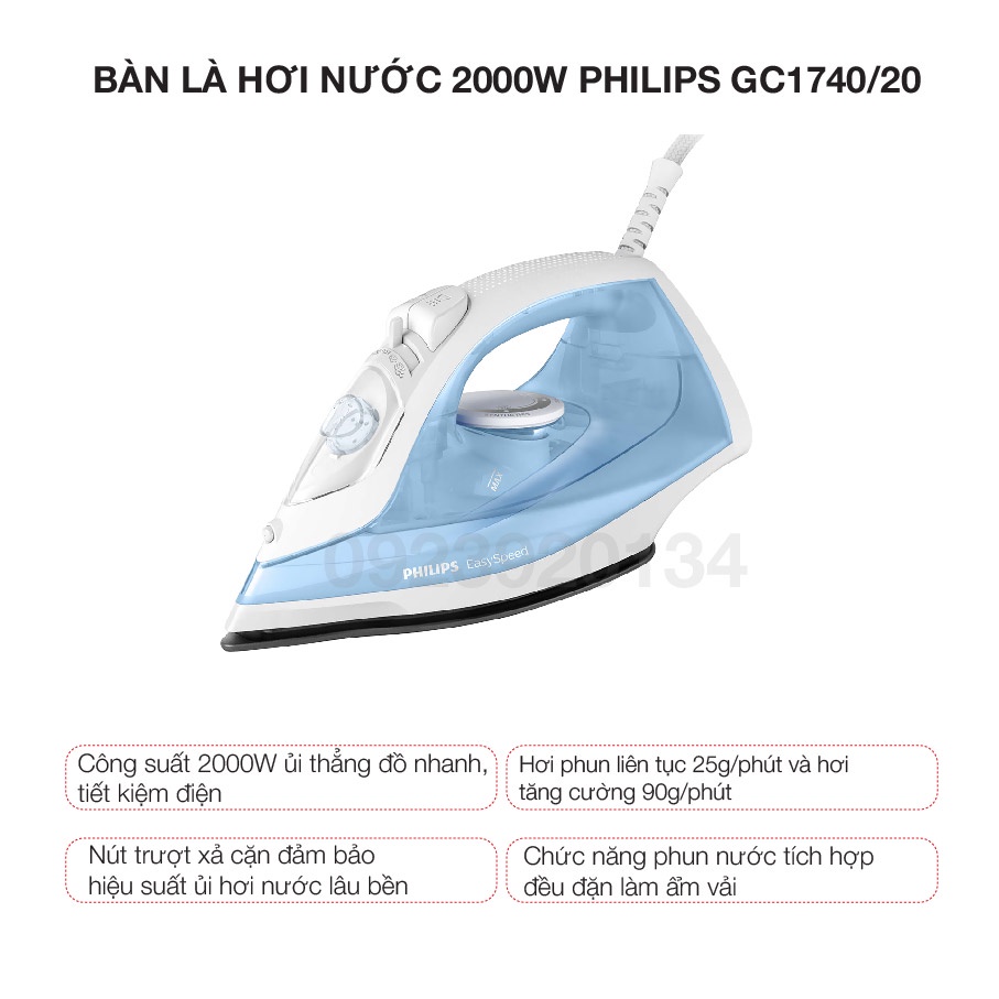 [Mã ELHADEV giảm 4% đơn 300K] Bàn là hơi nước 2000w Philips GC1740/20