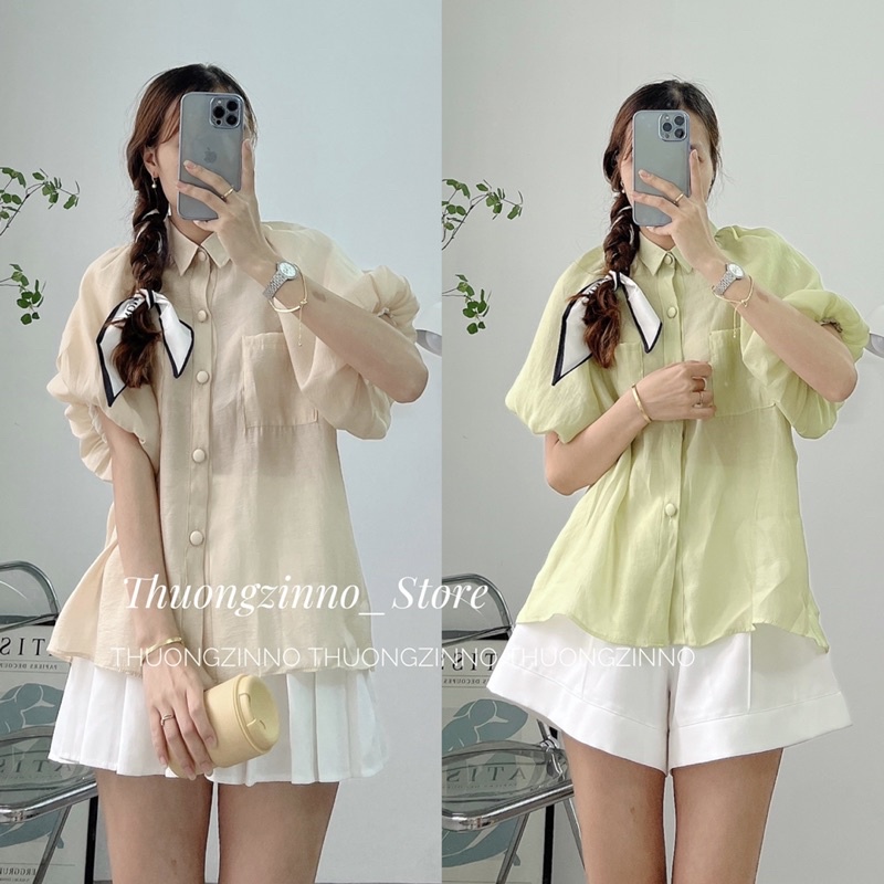 [Ảnh thật/Video] Áo bi bèo Sofia siêu xinh thiết kế cúc bọc 2 màu trắng/ be - áo sơ mi bánh bèo tay phồng