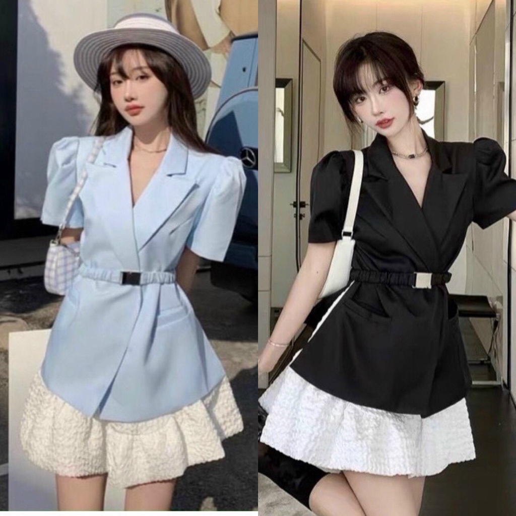 Set áo pelum xanh cổ vest+váy trắng kèm nịt💖 𝐊𝐄̀𝐌 𝐀̉𝐍𝐇 𝐓𝐇𝐀̣̂𝐓 💖 𝐁𝐀𝐎 𝐊𝐈𝐄̂̉𝐌 ❌
