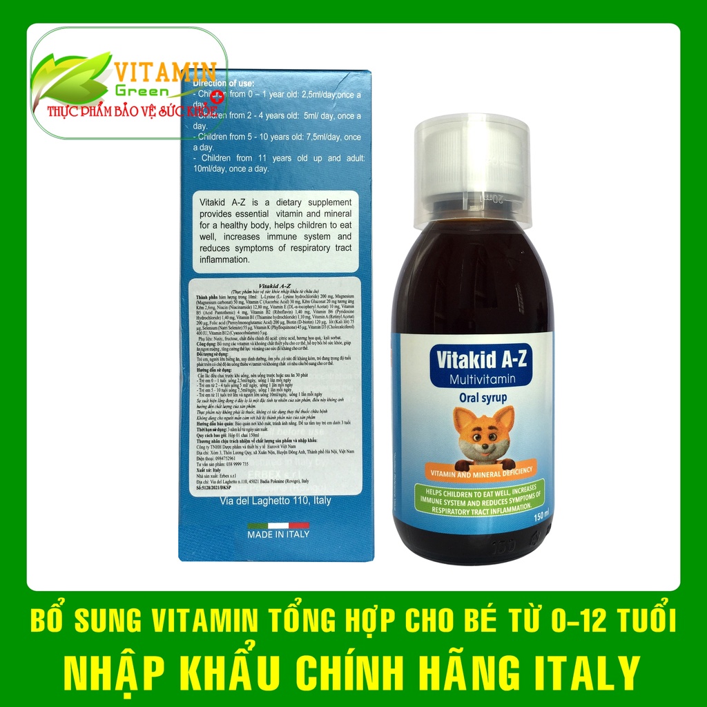 Vitamin tổng hợp cho bé Vitakid A-Z Multivitamin 150ml giúp bé ăn ngon, tăng sức đề kháng | Nhập khẩu chính hãng Italy
