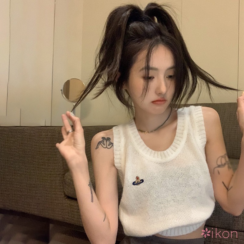 Áo Dệt Kim Hai Dây Màu Sắc Đơn Giản Thêu Họa Tiết Phong Cách Hàn Quốc