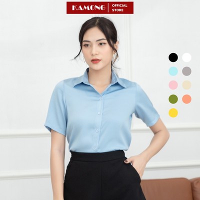 Áo sơ mi lụa nữ tay ngắn công sở KAMONG dáng rộng cơ bản A132
