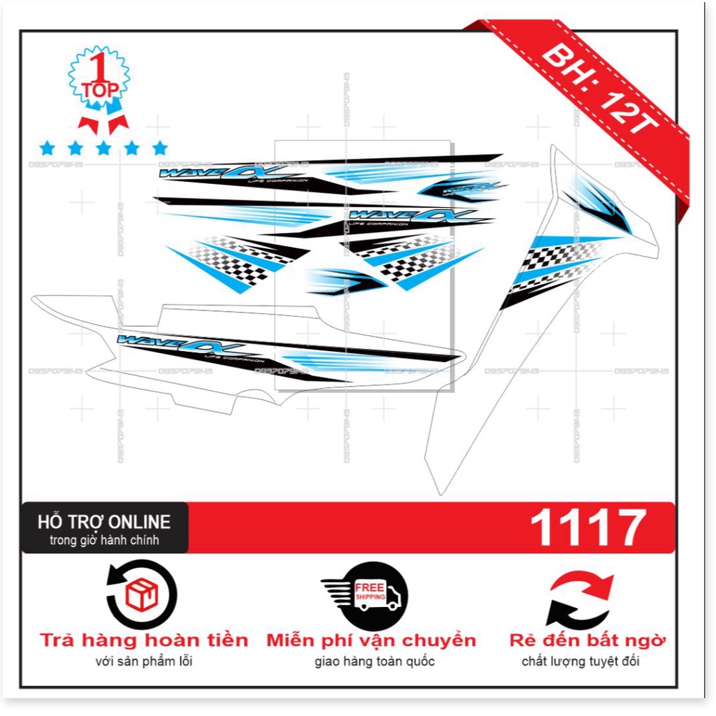( Quí khách vui lòng mang ra tiệm cho thợ dán ) Tem wave a 2017 trắng xanh