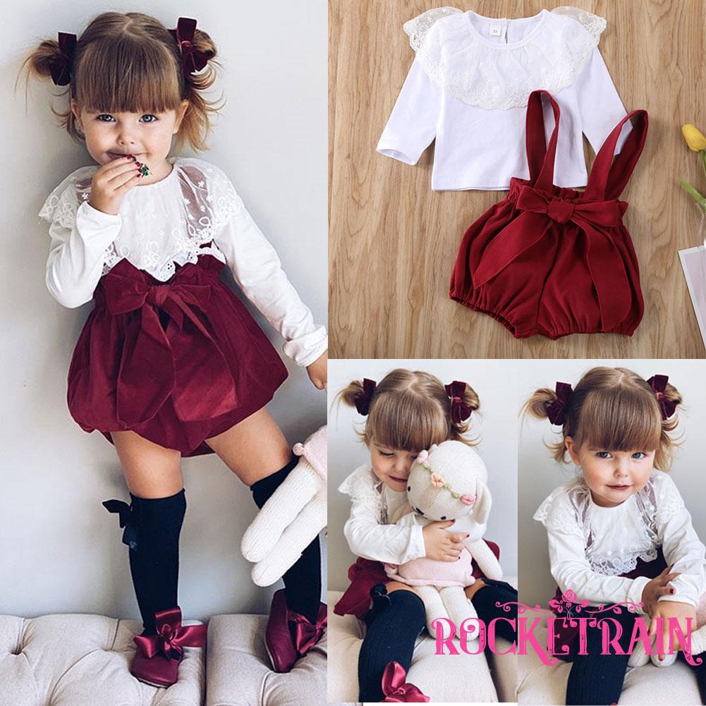 Set áo tay dài phối bèo hoa sen và quần short kiểu yếm cho bé gái 0-24Th