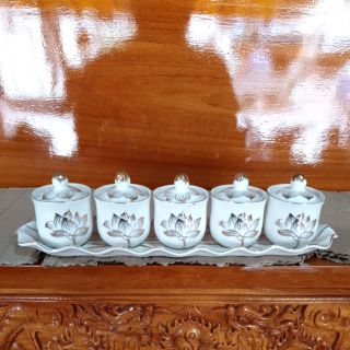 Bộ án nước 5 ly có nắp sứ trắng bạch ngọc cao 8cm ngang 30 cm