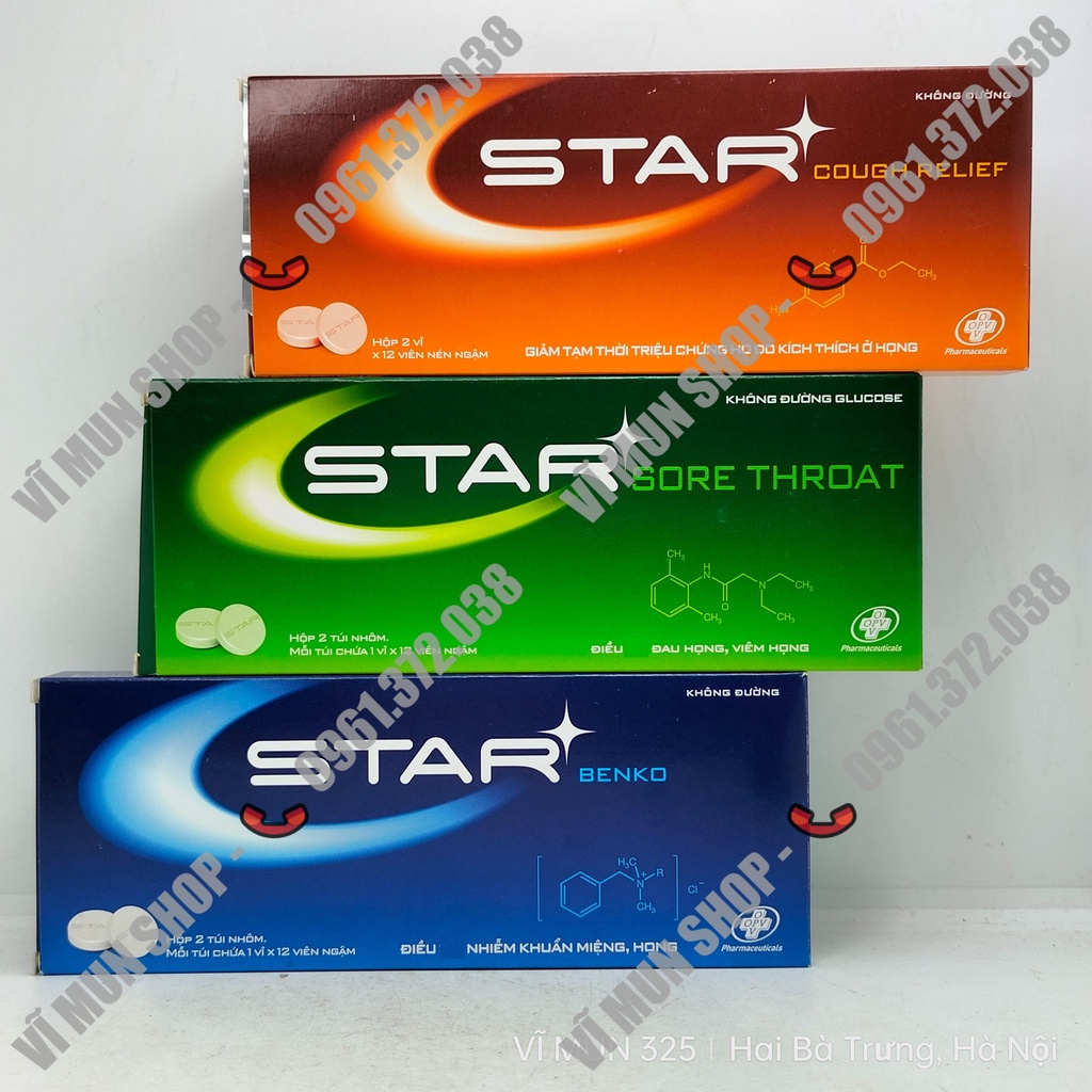 Viên ngậm Star Sore Throat/Cough Relief/Benko không đường hộp 24 viên