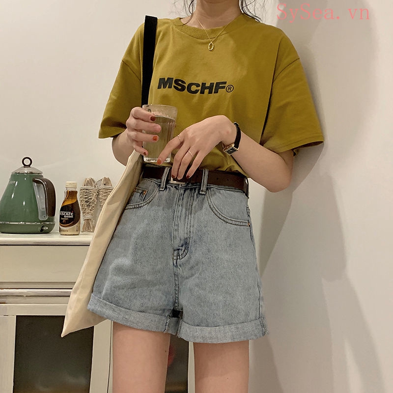 Quần Ngắn Denim Ống Rộng Cạp Cao Phong Cách Hàn Quốc Cho Nữ