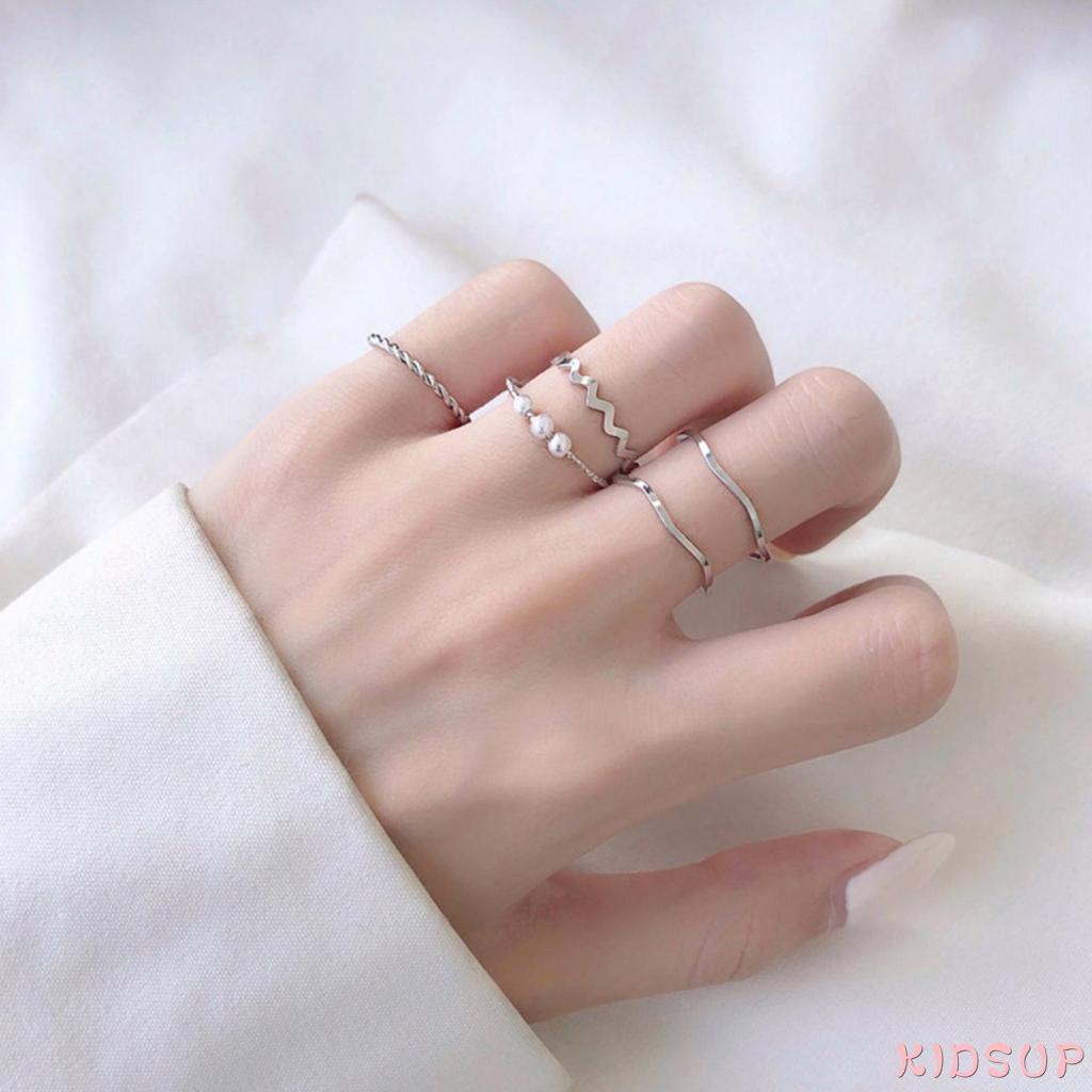 Set 5 nhẫn mạ vàng / bạc đính ngọc trai nhân tạo thời trang cho nữ