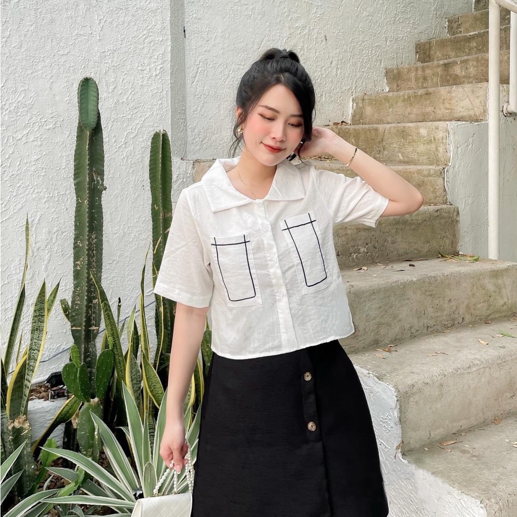 Áo sơ mi croptop hai túi tay ngắn, Áo nữ viền túi phong cách hàn quốc chất vải đũi free size từ 40kg đến 50kg..