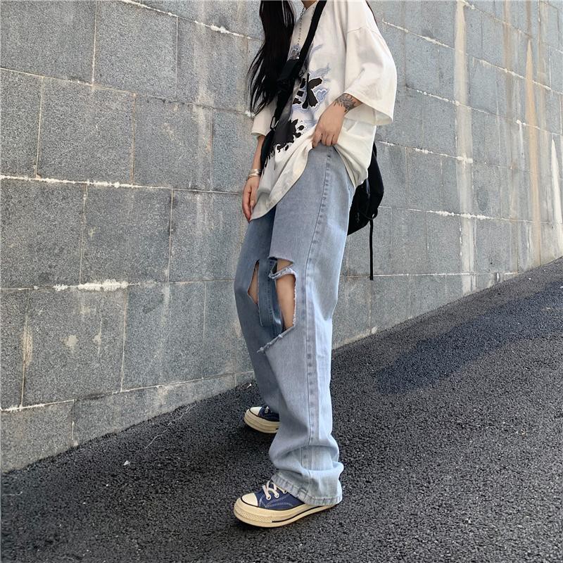 Quần jean❄❦Phiên bản mới của Hàn Quốc quần jean nữ ống rộng kiểu hoang dã cỡ lớn dành cho người béo MM cạp thẳng