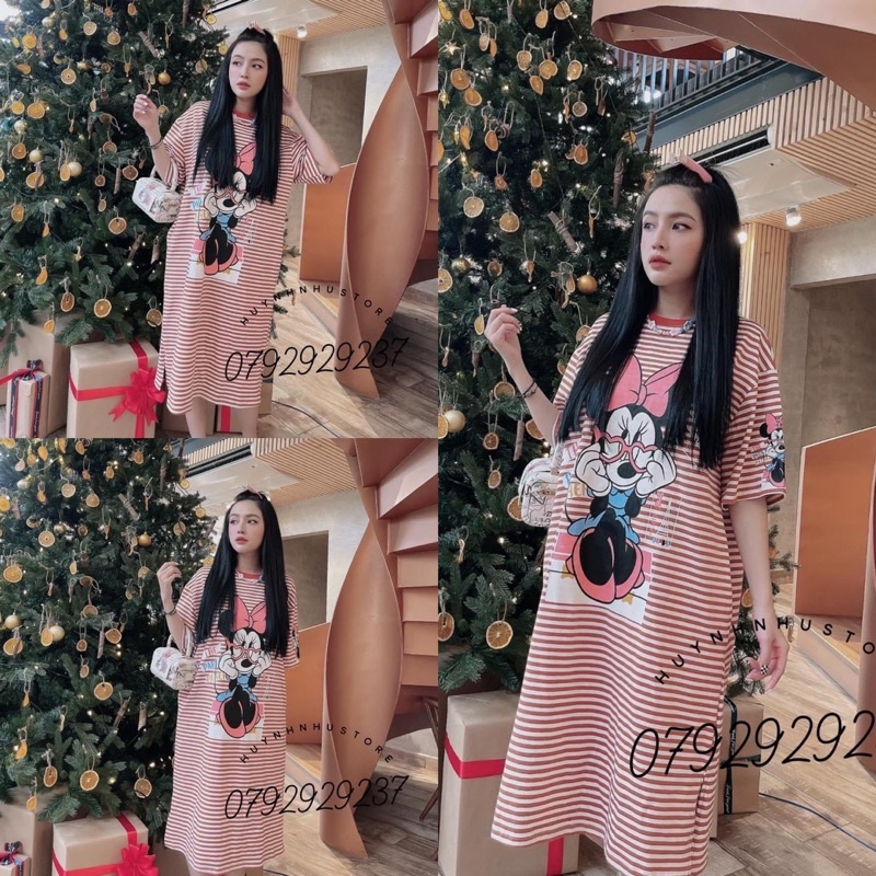 Váy suông mickey dáng thụng rộng Đầm ngủ dài màu đỏ hồng kẻ xuông tay lỡ