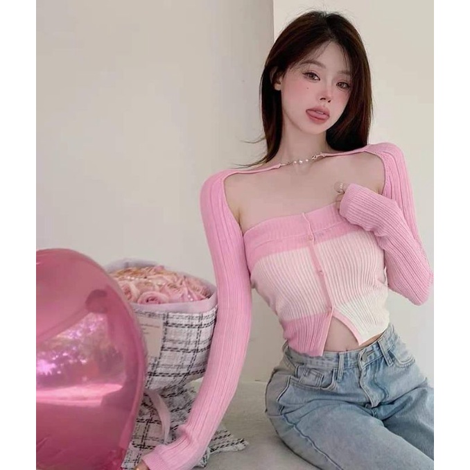 Áo len quây + áo ngoài cài khuy ngọc hàng QC