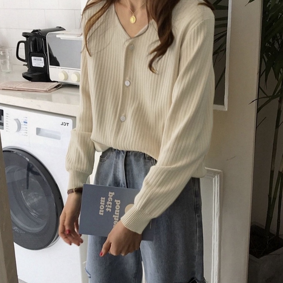 Áo cardigan ZHELIHANGFEI vải dệt kim tay dài cổ chữ V dáng rộng dễ phối đồ