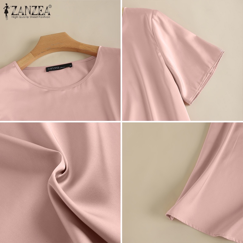 ZANZEA Áo Sơ Mi Vải Satin Tay Ngắn Cổ Tròn Màu Trơn Thời Trang Cho Nữ