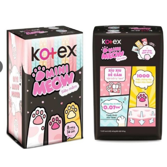 Băng Vệ Sinh Kotex Mini Meow 24cm Gói 8 Miếng Nhỏ Gọn Lõi 3D Siêu Thấm Hút Luôn Khô Thoáng, Ngăn Mùi Hiệu Quả với Ion+