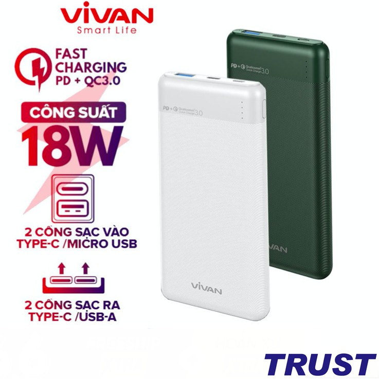 Sạc Dự Phòng VIVAN M10 10000mAh Sạc Nhanh 2 chiều 18W Quick Chare 3.0 Kèm Cáp Type-C