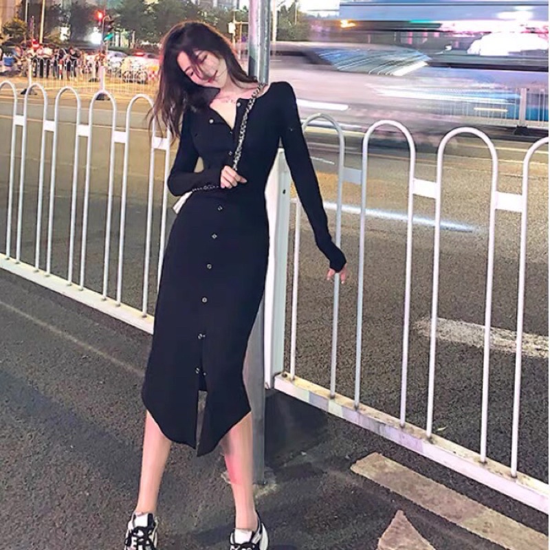 ĐẦM ÔM BODY TÀ NÚT TAY DÀI