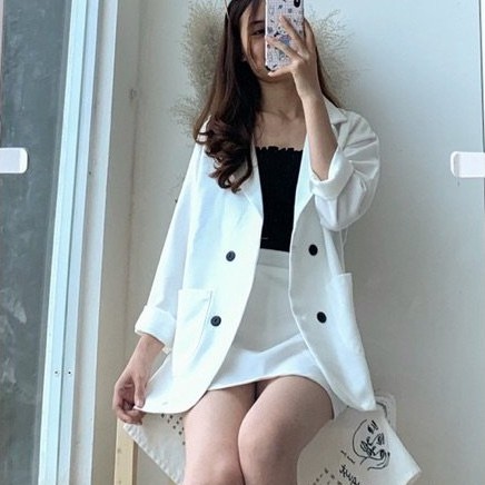 Set đồ nữ áo blazer kẻ sọc ngắn tay áo kèm quần cùng màu, set đồ nữ áo blazer kẻ, trơn phối quần và chân váy Hàn Quốc