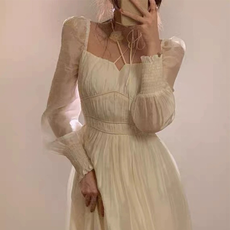 Váy Voan Cổ Vuông Tiểu Thư Dáng Dài Hàng Hot Tabao