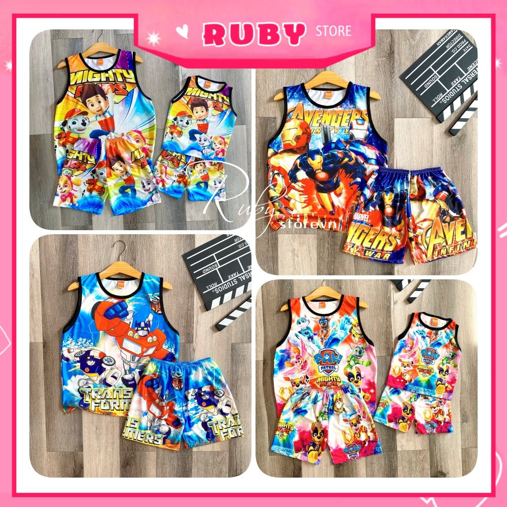 Đồ bộ thun SÁT NÁCH - 3 LỖ cho bé in hình siêu nhân kitty doremon size đến 47kg Bộ thun hoạt hình DBRBSN FULL SIZE