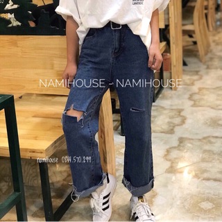 Quần jeans ống rộng rách gối A8713