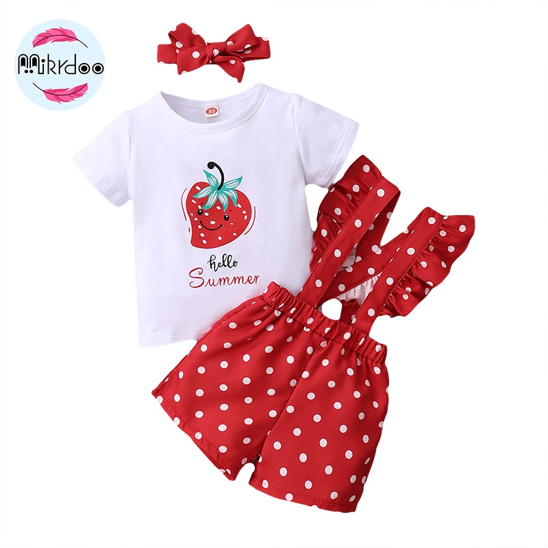 Set đồ 3 món MIKRDOO gồm áo thun tay ngắn in hình quả dâu + quần yếm và băng đô thời trang mùa hè cho bé gái 0-2 tuổi