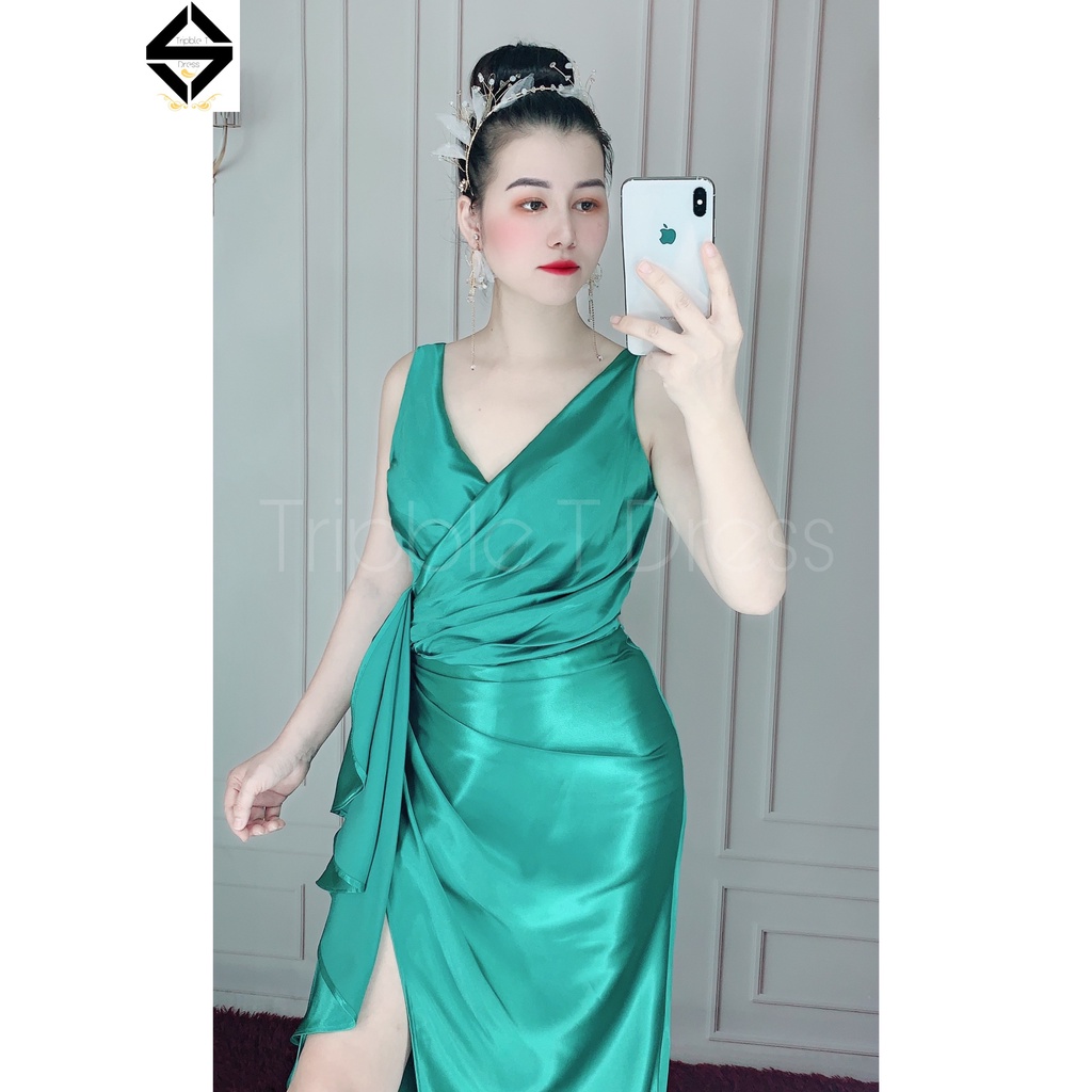 Đầm maxi dạ hội dự tiệc cổ V xẻ đùi nhún bèo eo sang trọng TRIPBLE T DRESS -Size M/L( ảnh/video thật) MS134Y