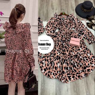Đầm xòe babydoll họa tiết tay dài cổ phối bèo Cao Cấp