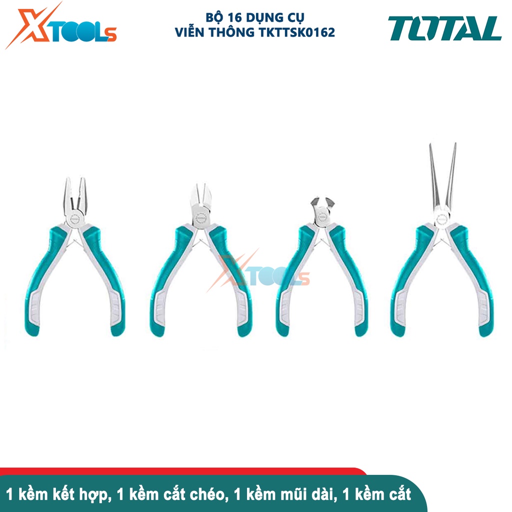 Bộ 16 tua vít và kìm chuẩn TOTAL TKTTSK0162, bộ dụng cụ gồm 10 tua vít, 4 kìm mini, 1 dao rọc giấy và 1 nhíp kẹp -XTOOLS
