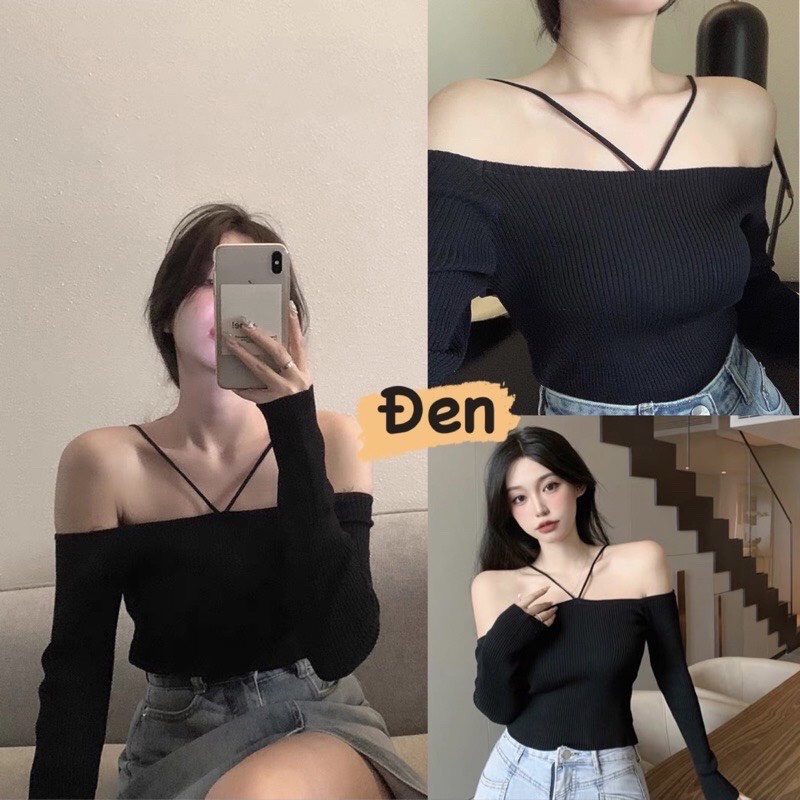 Áo Dệt Kim Trễ Vai Phối Dây Mảnh Màu Trơn Phong Cách Hàn Quốc - Mono Boutique