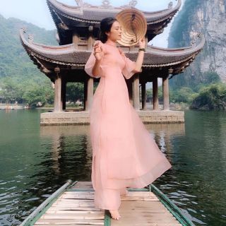 Set áo dài hồng đính hoa + quần dài