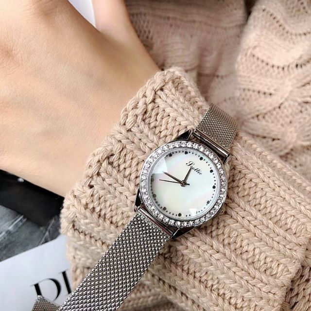 Đồng Hồ Nữ SCOTTIE 9018 Viền Đá Dây Thép Lụa Case Nhỏ 30mm