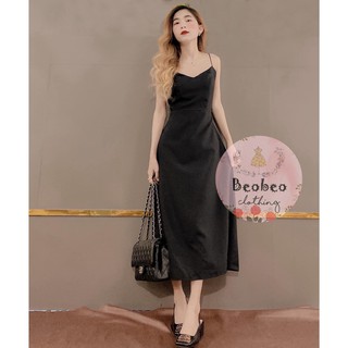 [Ảnh thật] Đầm maxi đen 2 dây đan dây lưng vintage