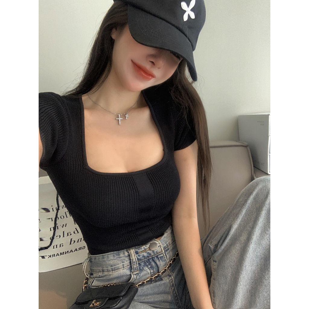 Cocory vn Áo Croptop Dệt Kim Tay Ngắn Cổ Vuông Dáng Ôm Thời Trang Mùa Hè Quyến Rũ