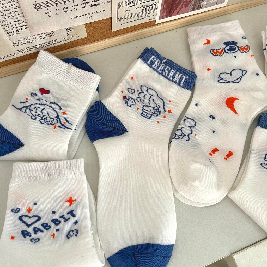 Tất vớ nữ cổ cao - tất vớ cotton mỏng thoáng hoạ tiết cô gái xanh dương phong cách Hàn Quốc dễ thương