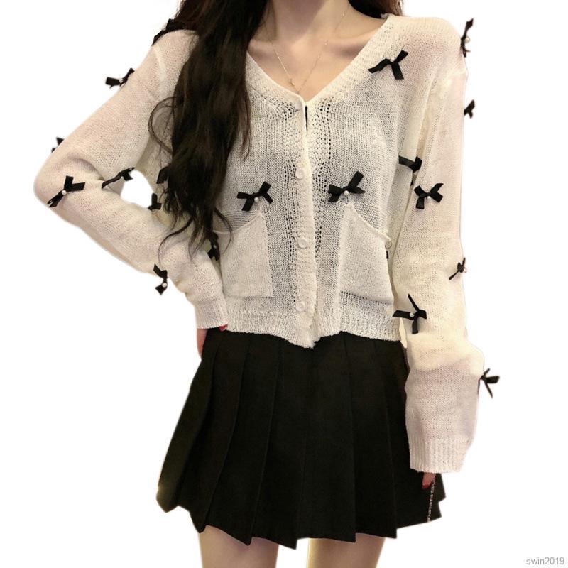 Women Small Knitted Bow Decoration Long-sleeved Slim Sunscreen Jacket Ladies Breathable Sweet Cardigan