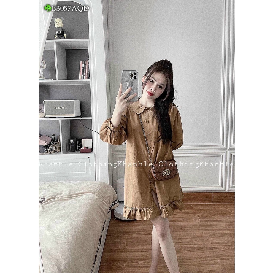 đầm baby phối nút xòe nhẹ cổ tròn bẻ dài tay