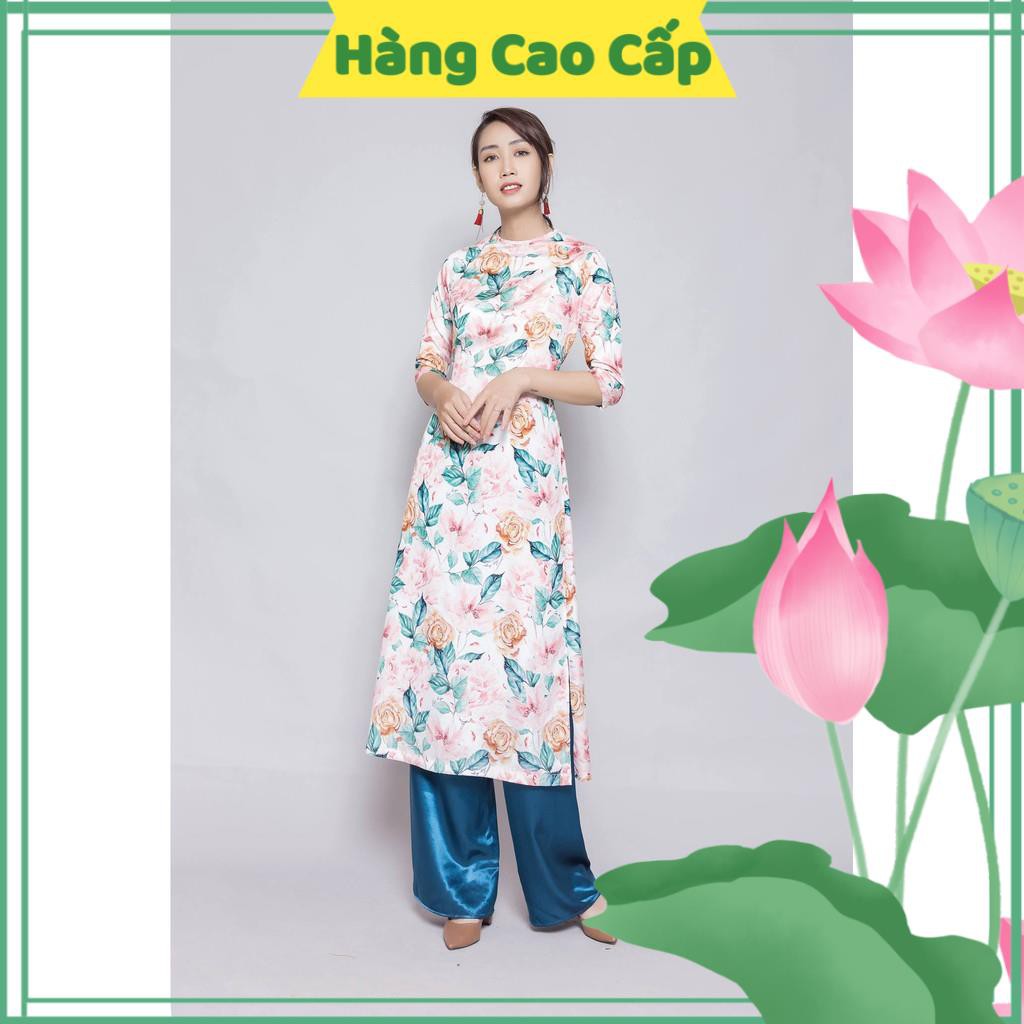 Áo Dài Nữ Lụa Cao Cấp, Áo Dài Cách Tân Cổ Tròn Tay Lửng Họa Tiết Hoa To Hàng Thiết Kế Đường May Tỉ Mỉ, Tinh Tế.